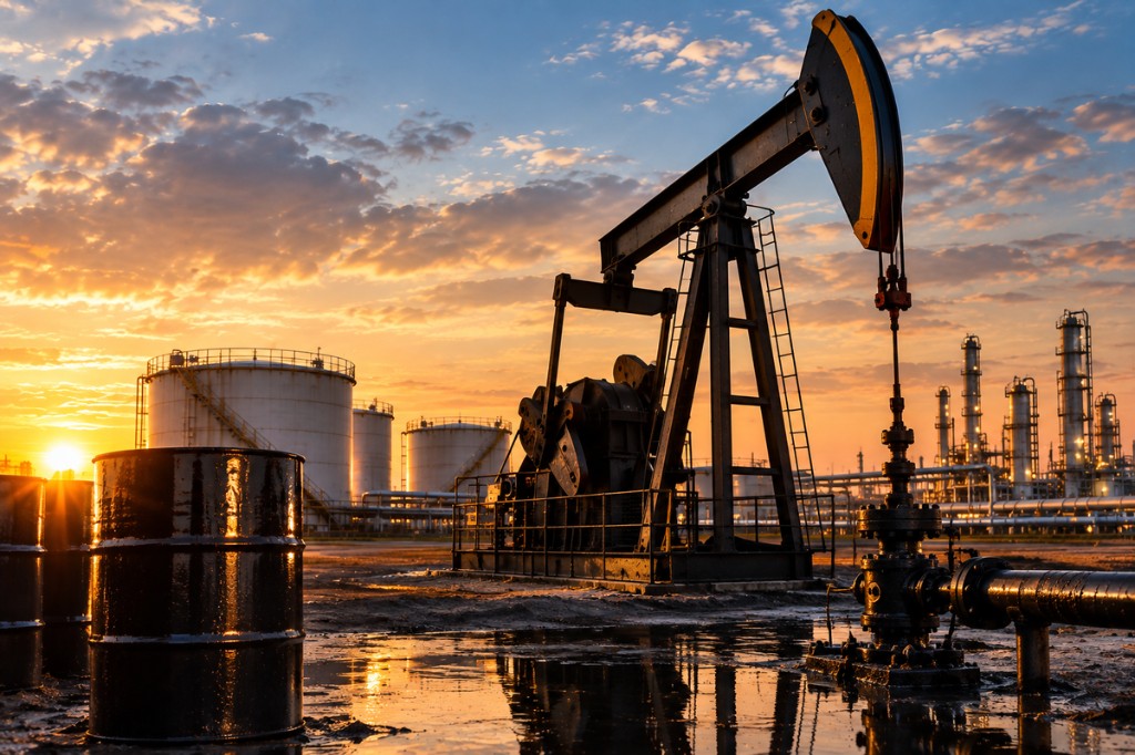 Crude oil production and storage tanks.