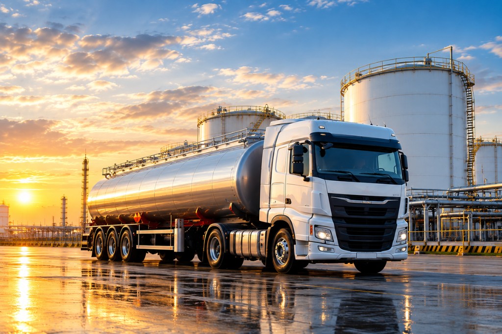 Fuel tanker at a petroleum terminal.