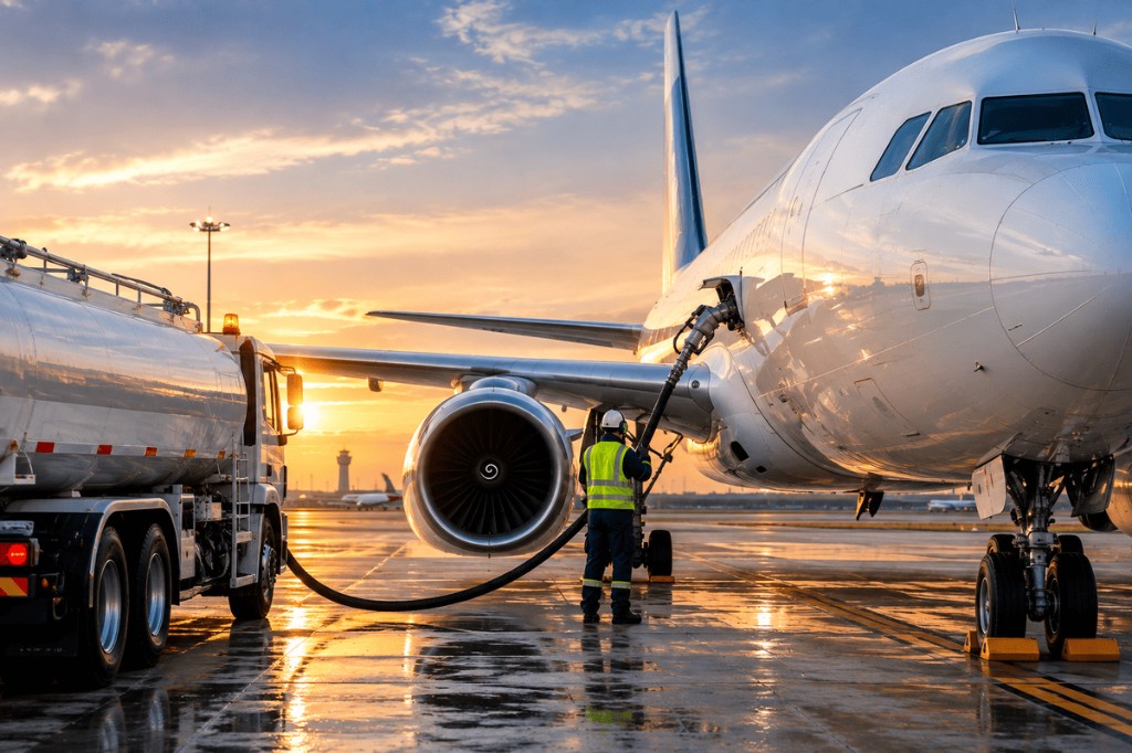 Aircraft fueling on an airport apron.
