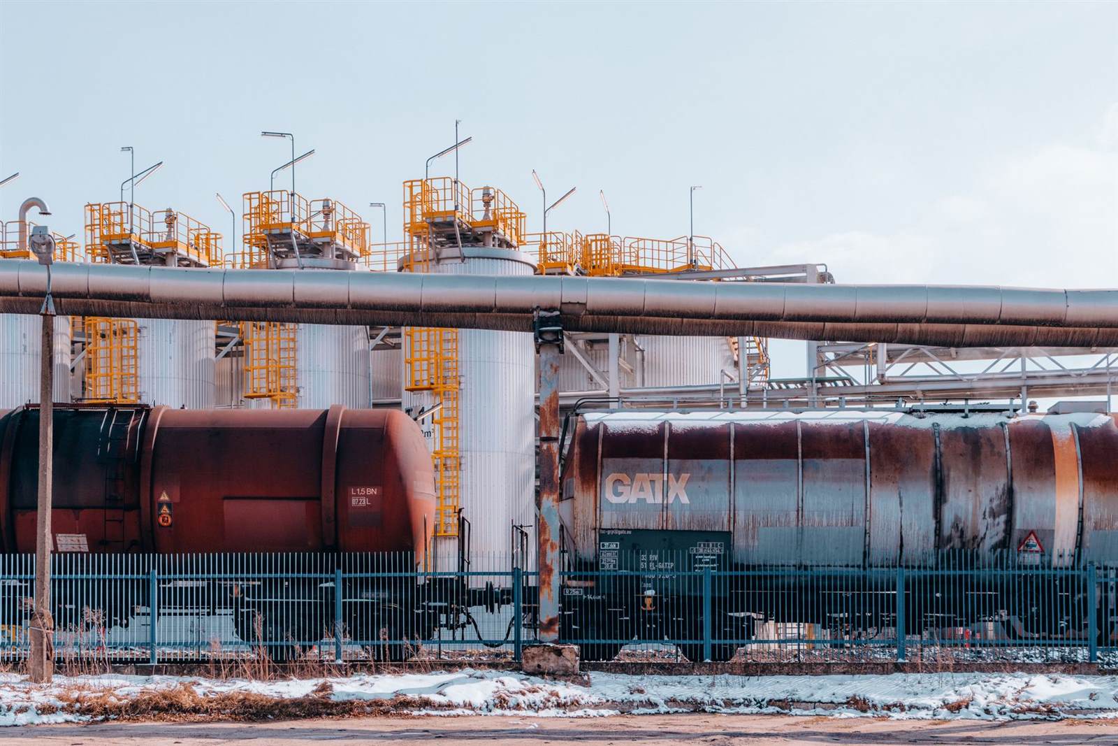 Rail tanks at a petroleum site.